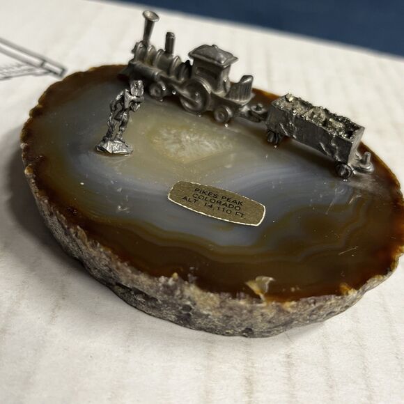 Agate Geode Mineral Crystal Rock Mine Figurine with Pewter Miners & Train Pyrite - Picture 3 of 10